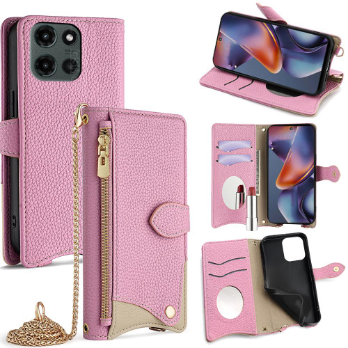 Moto G 2025 Crossbody Chain Fishtail Litchi Leather Phone Case - Pink